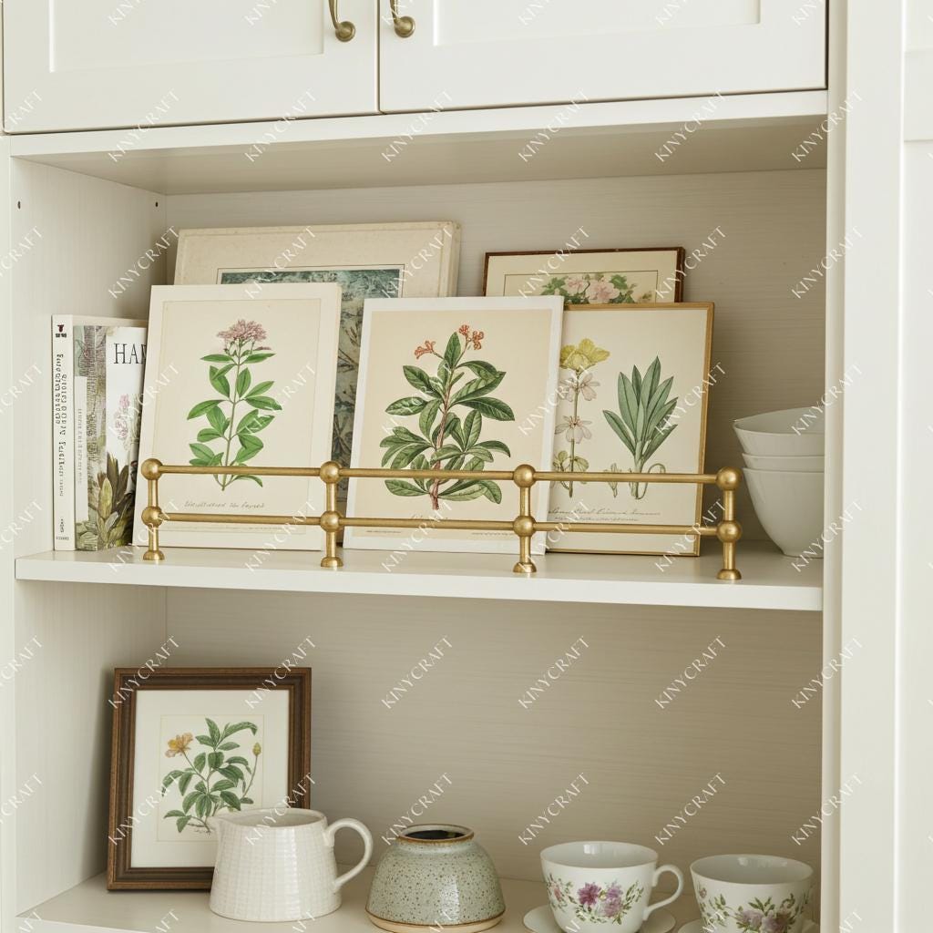 Luxury unlacquered brass double shelf guard rail with classic ball supports installed on a custom kitchen cabinet shelf.