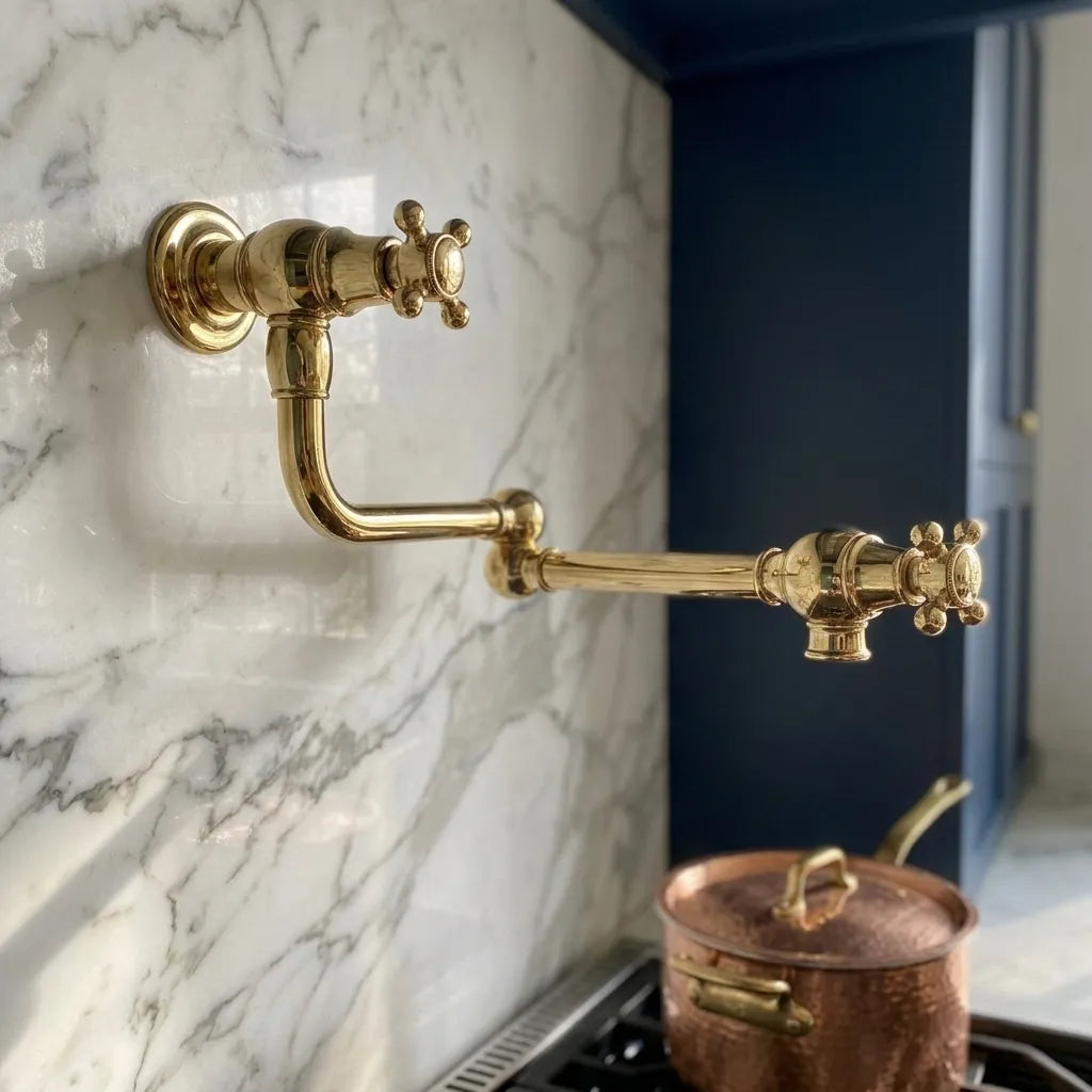 Traditional brass wall-mounted pot filler with cross handles and folding swing arms
