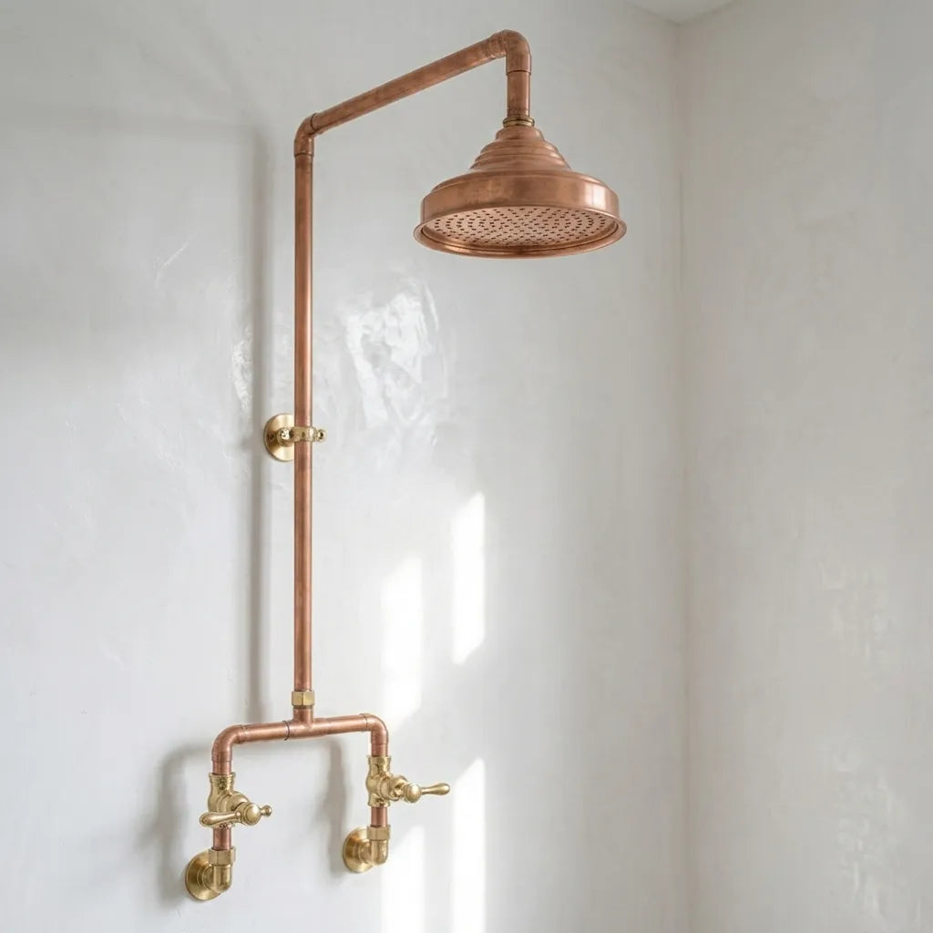 Handcrafted outdoor copper rain shower with exposed copper pipework, solid brass cross handles, and a large round copper shower head for rustic garden and poolside bathrooms.