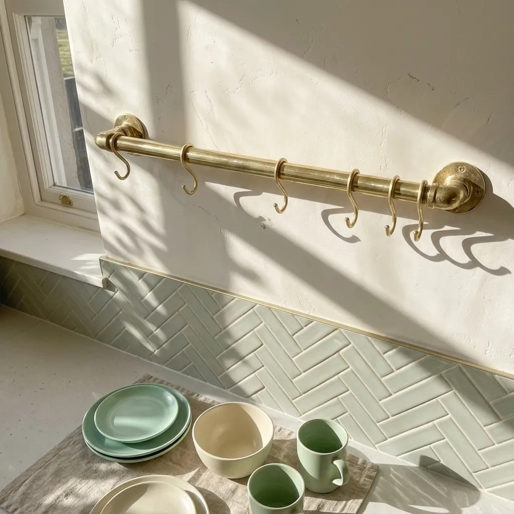 Wall mounted brass utensil rack for farmhouse kitchen