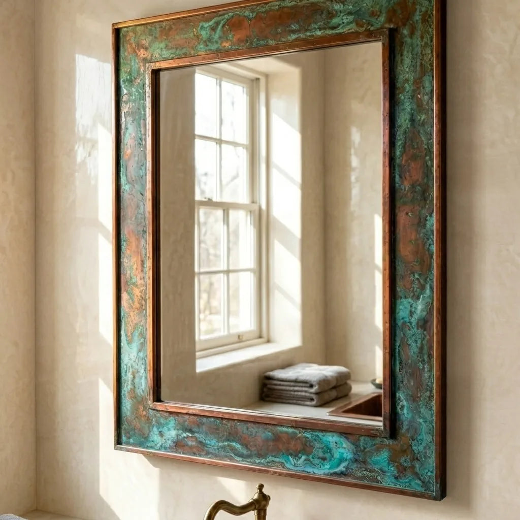 Handmade Patina Copper Bathroom Mirror Featuring Green Verdigris Frame and Rustic Style