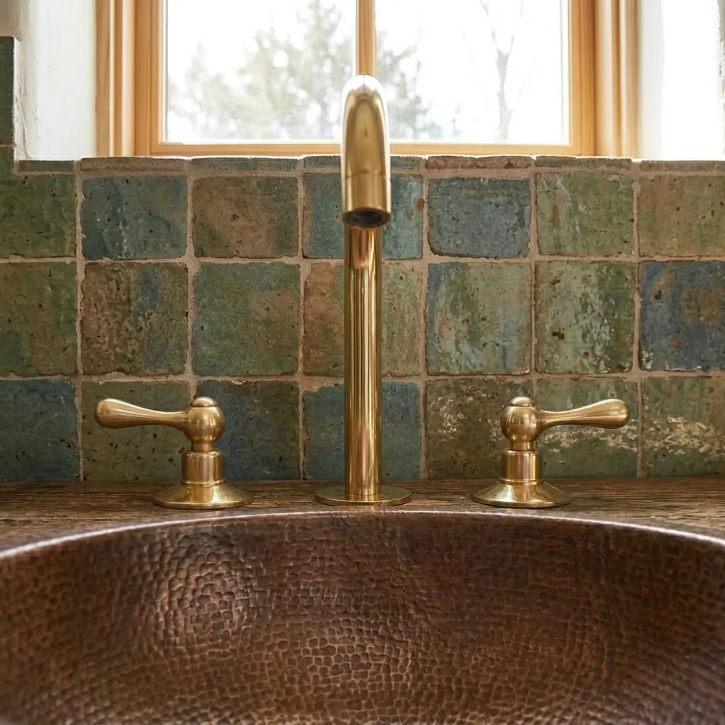 A close-up of a copper vessel sink with a hammered finish, featuring a polished brass faucet and two matching handles set against a rustic green and blue mosaic tile backsplash.