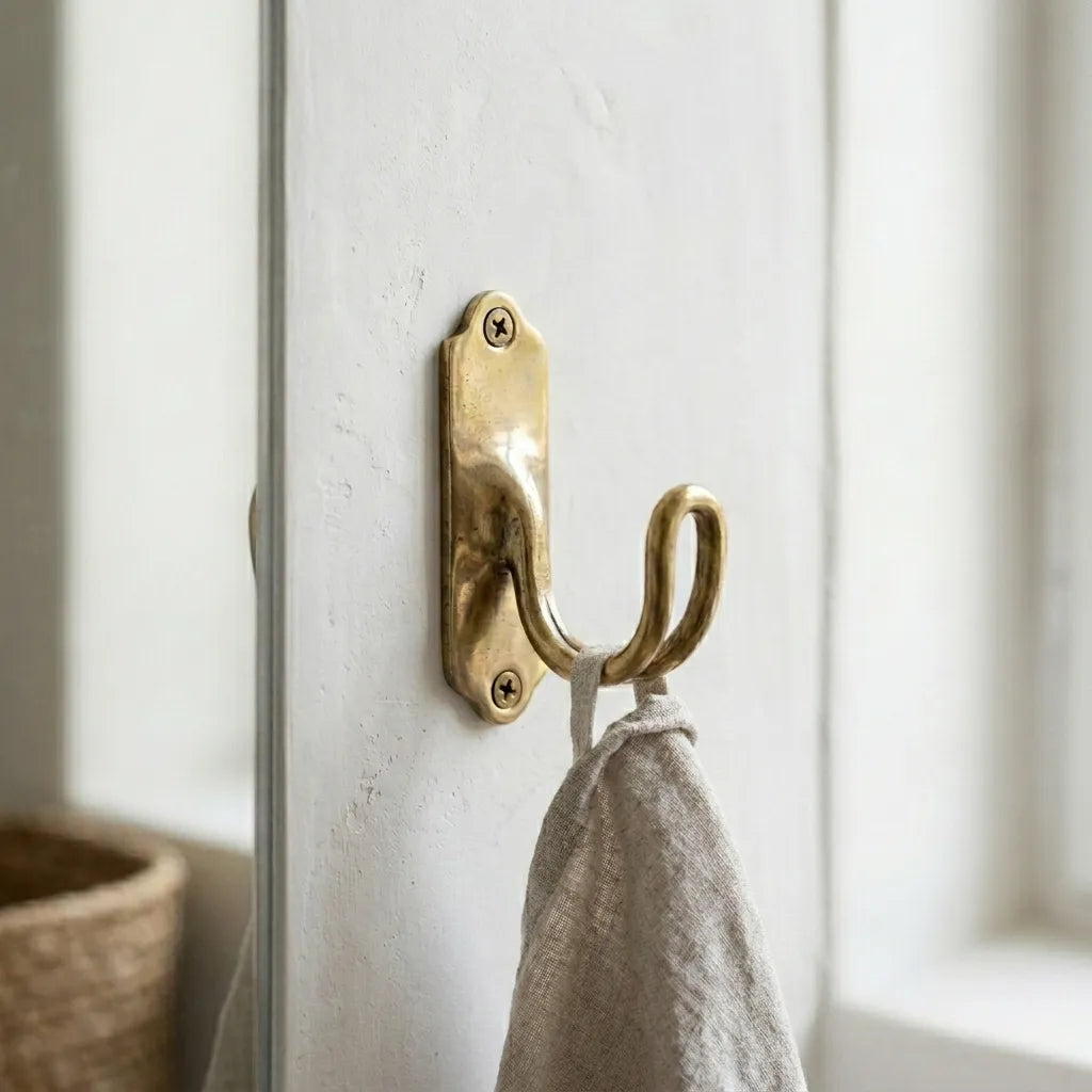 Vintage brass scroll wall hook with decorative backplate mounted on a painted wooden panel holding a linen towel.
