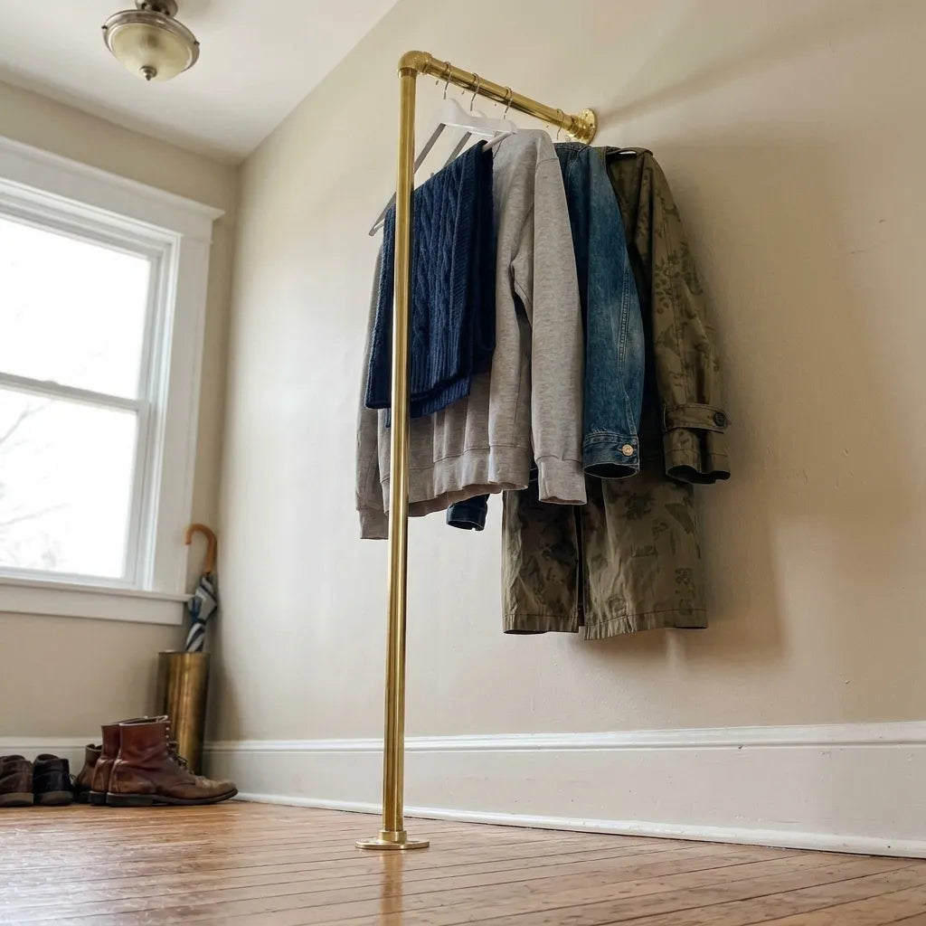 Luxury brass clothing rail with reinforced floor support