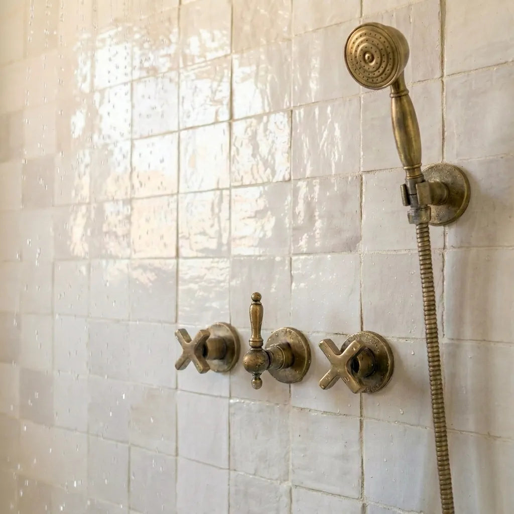 Luxury solid brass wall-mounted shower with domed rain head and concealed valve installed in a white tiled bathroom.