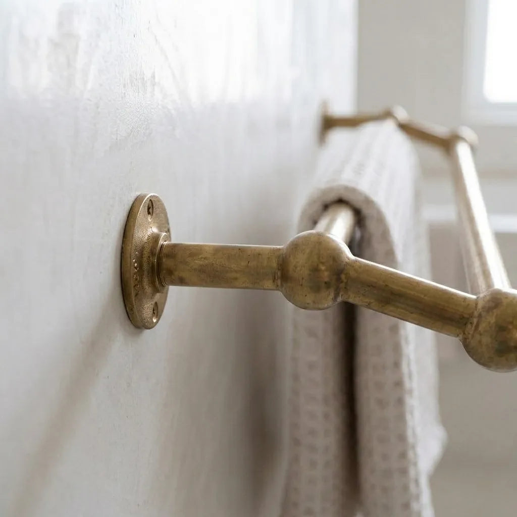 Detailed side view of a premium brass wall-mounted dual towel rail featuring a warm natural patina and minimalist bathroom styling.