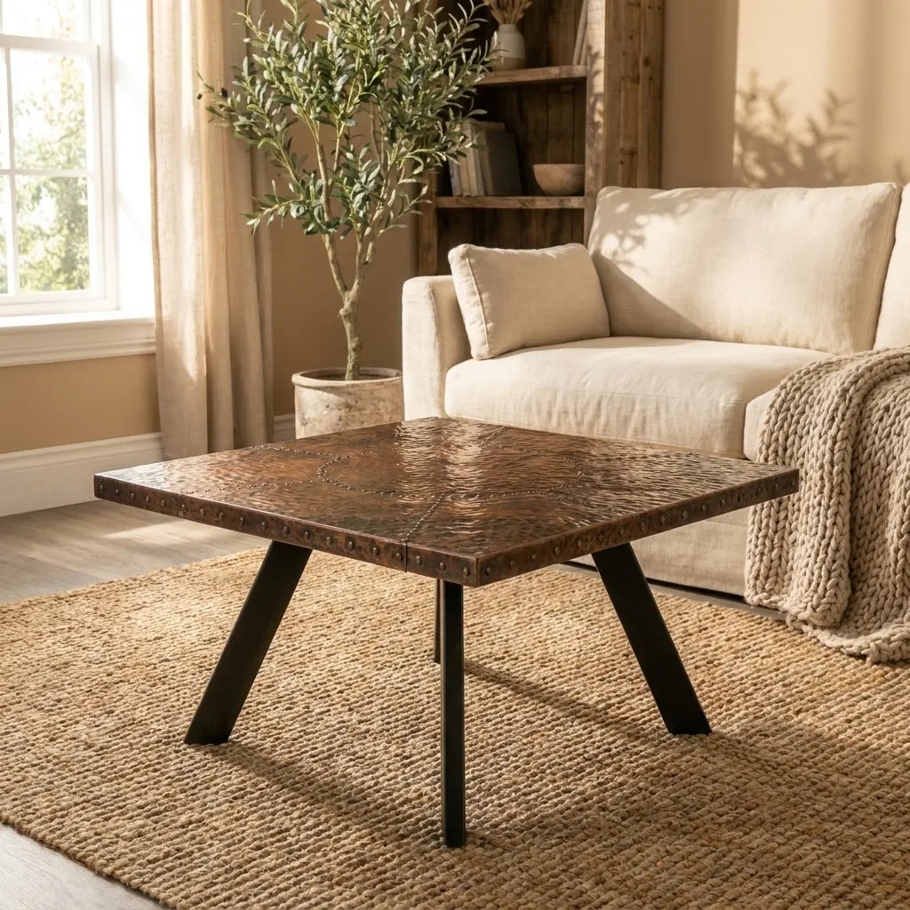 Rustic Copper Side Table with Artisan Hammered Top and Black Metal Legs