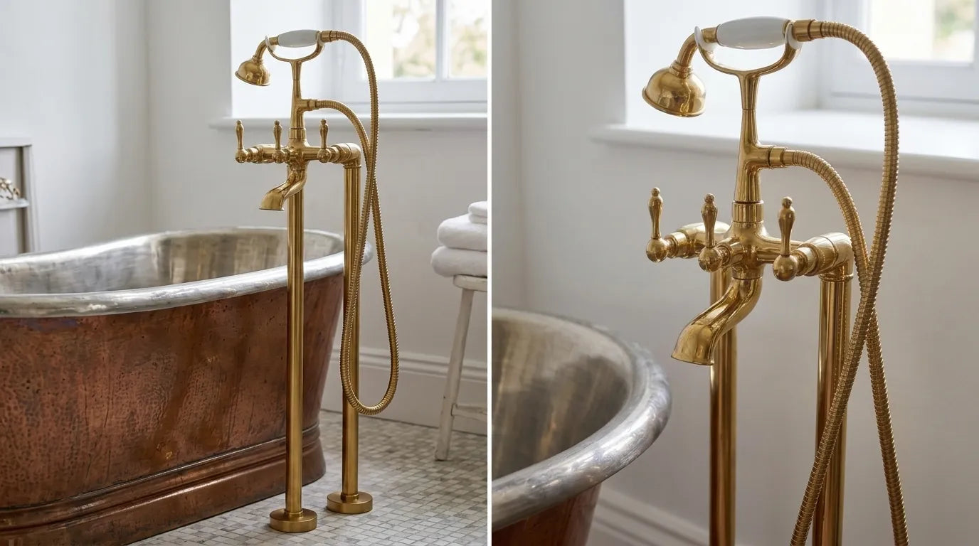 Traditional brass floor-mounted bathtub faucet with handheld shower beside a freestanding tub