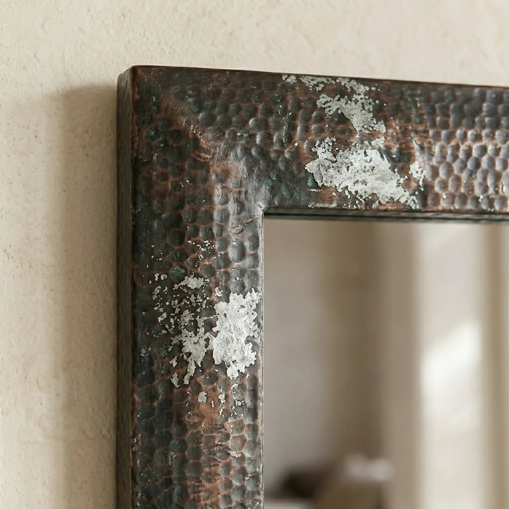 Distressed Industrial Mirror with Hand Hammered Metal Frame and Antique Rustic Character