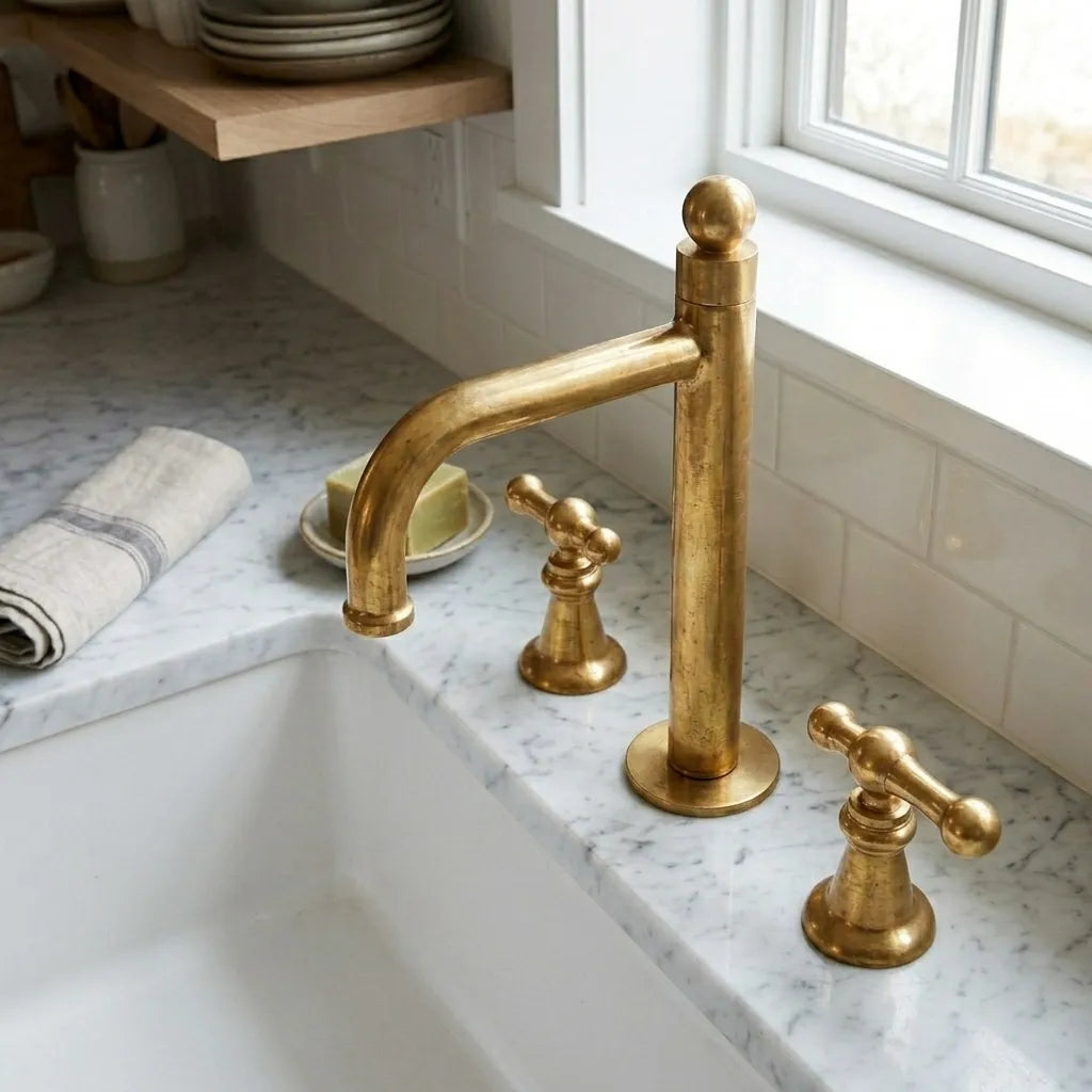 Traditional brass sink mixer featuring a tall column design and angular spout in a luxury kitchen setting