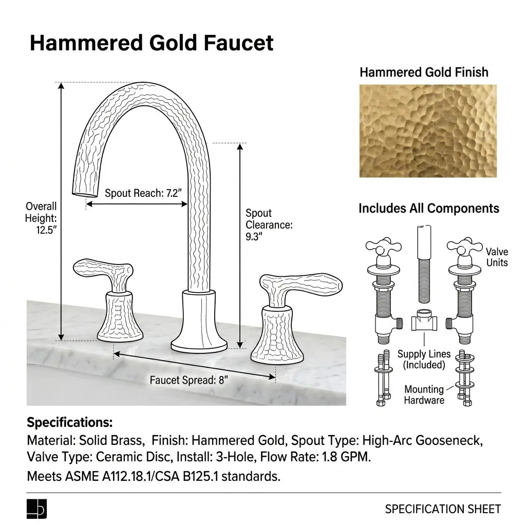 Hammered Brass Widespread Bathroom Faucet with High Arc Spout