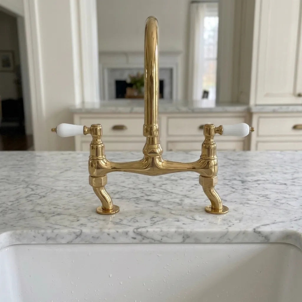 Unlacquered brass bridge faucet with two white ceramic handles, mounted on a white marble kitchen sink countertop with a blurred kitchen background.