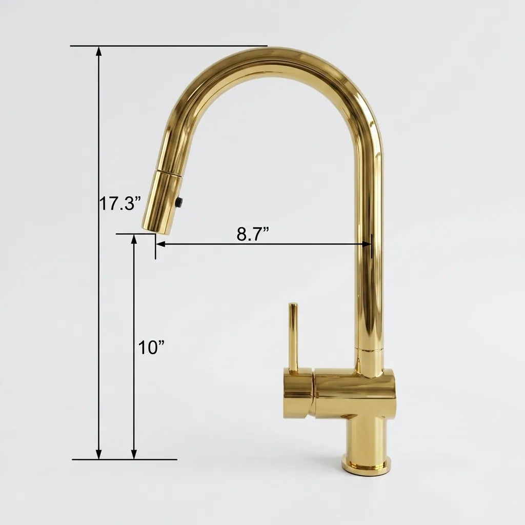 Gold kitchen faucet with dimension callouts showing 17.3 inches total height, 8.
