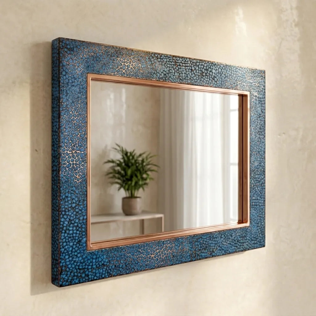 Artisan Blue Patina Copper Wall Mirror with Contemporary Metal Frame and Decorative Accent Design
