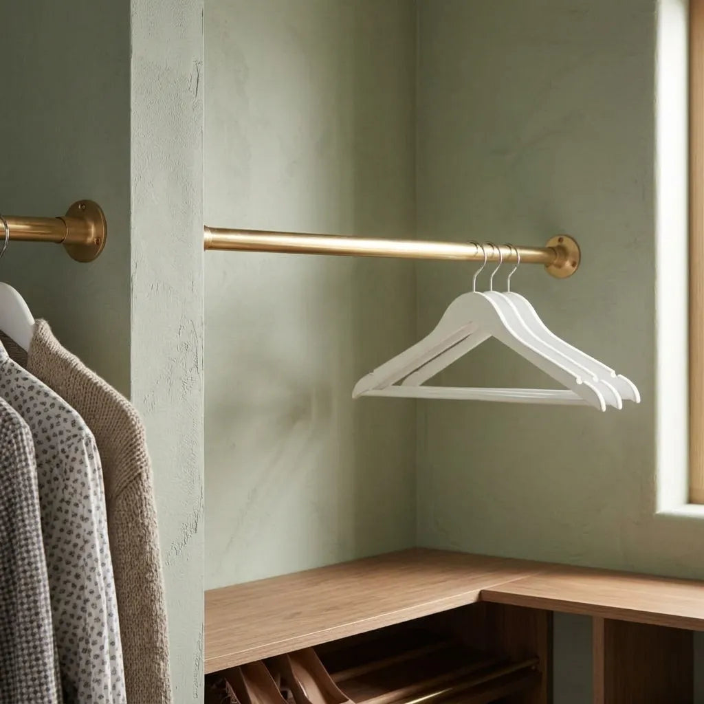 Handcrafted brass wardrobe rod spanning an alcove for built-in closet storage.