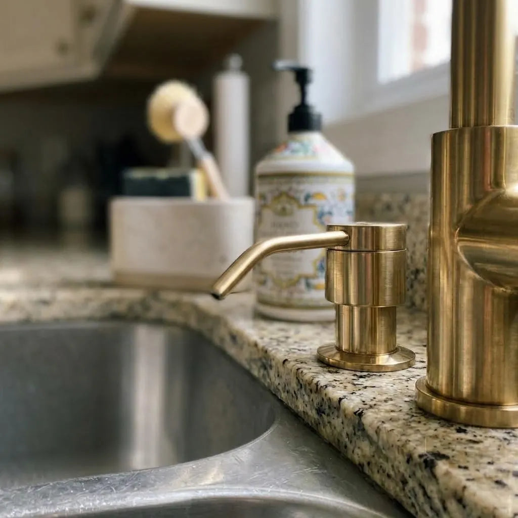 Countertop brass liquid soap dispenser with slim angled pump beside stainless steel kitchen sink