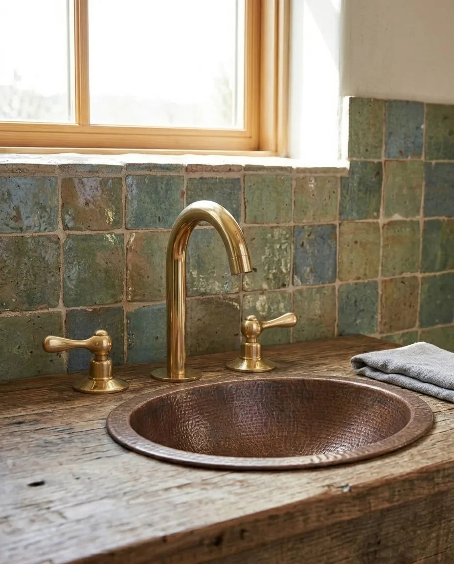 A rustic bathroom sink setup with a hammered copper basin, a curved brass faucet, and two brass handles mounted on a weathered wooden countertop. The backsplash features textured green and blue tiles beneath a wooden window frame.
