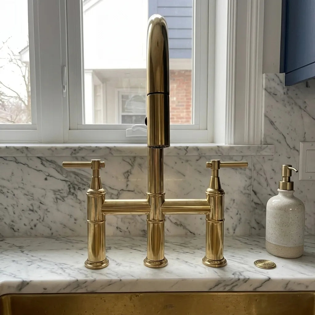 A polished brass bridge faucet with a tall central spout and two separate handles, installed on a white marble kitchen sink countertop with a matching marble backsplash and a window behind it.