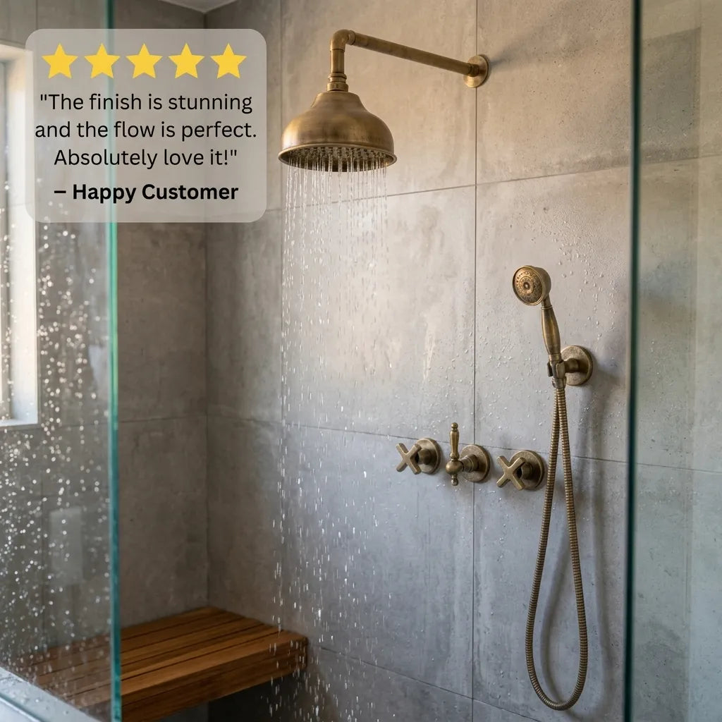 Vintage Unlacquered Brass Wall Mount Shower System with Domed Rain Head