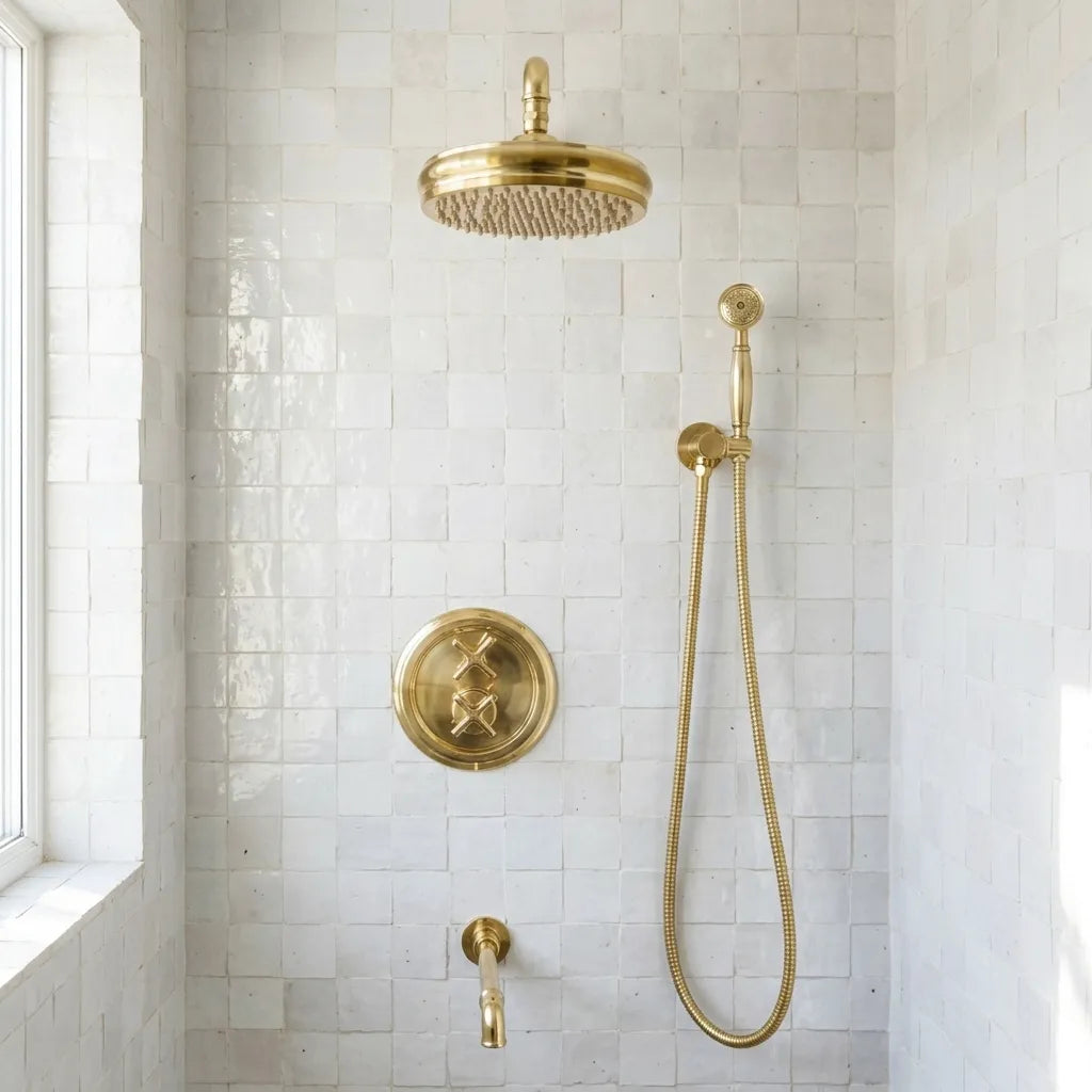 A luxury brass shower fixture set installed in a white tiled bathroom corner, featuring a round rain shower head, handheld shower with hose, a round control plate, and a wall-mounted valve.