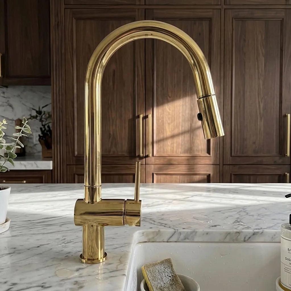 A polished gold high-arc kitchen faucet installed on a white marble sink countertop, with dark wood cabinets in the background.