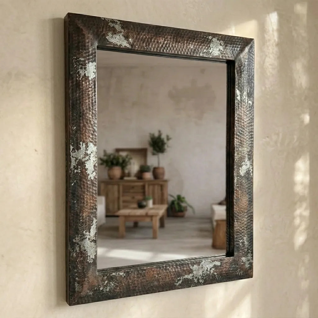 Handmade Oxidized Metal Mirror Featuring Textured Hammered Frame and Vintage Finish