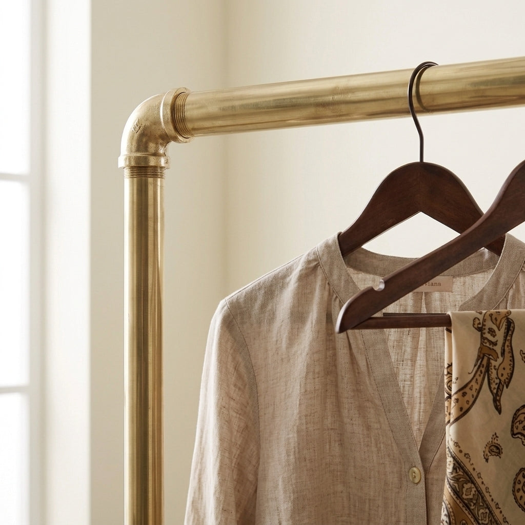 Handmade brass wardrobe stand with single hanging rail