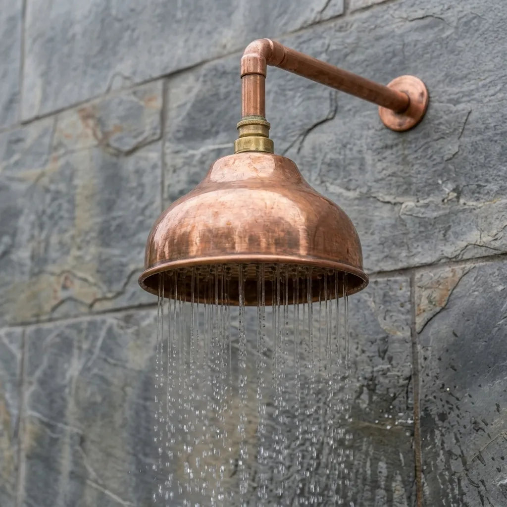 Outdoor Copper Rain Shower Head – Rustic Wall-Mounted Dome Shower