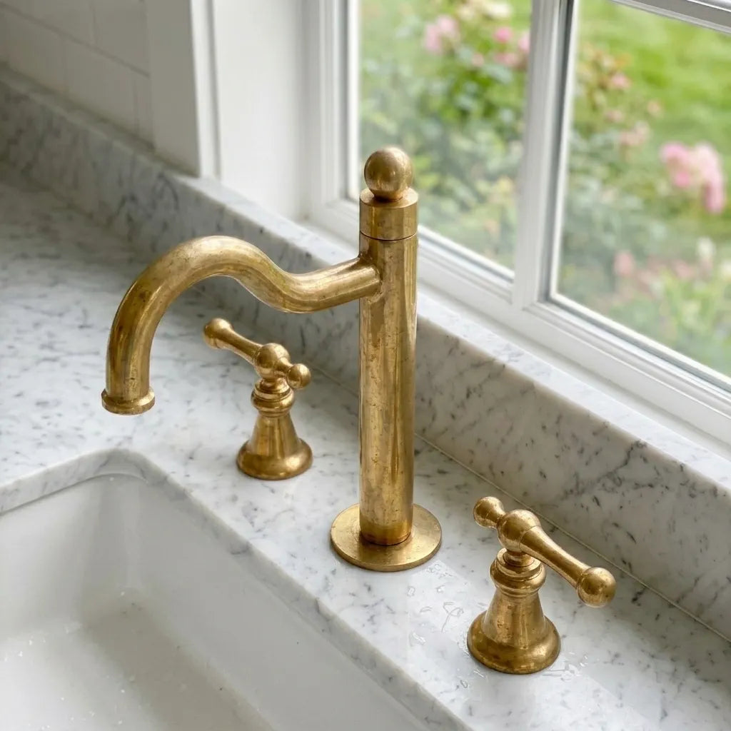 Traditional brass vanity faucet featuring a curved swan neck spout and double lever controls beside a white sink
