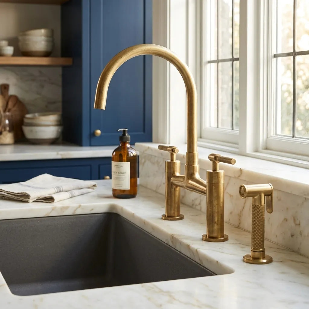 A polished brass three-hole kitchen faucet with a high-arc spout and matching side sprayer, installed in a white marble sink on a white marble countertop in a modern kitchen with blue cabinets.