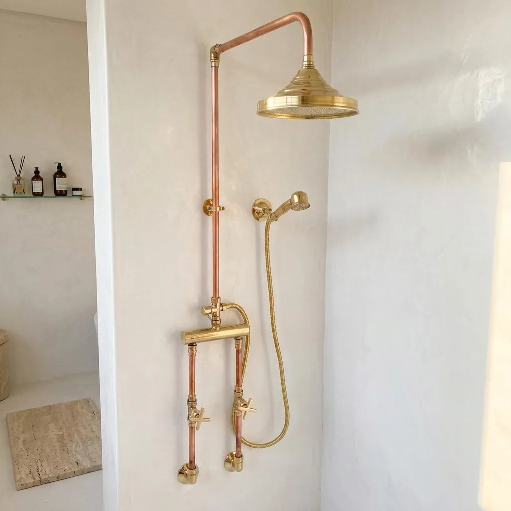 Handmade copper bridge shower system with brass rain shower head