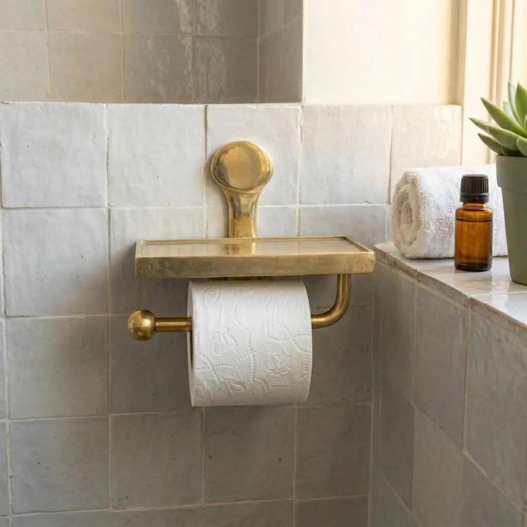 Modern brass bathroom organizer combining a toilet tissue holder and compact storage shelf in one design