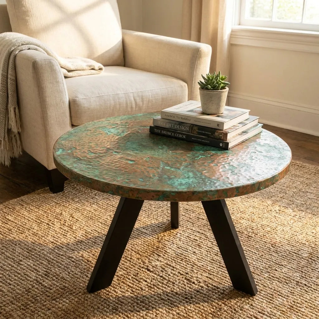 Artisan Hammered Copper Coffee Table with Oxidized Finish and Black Metal Legs