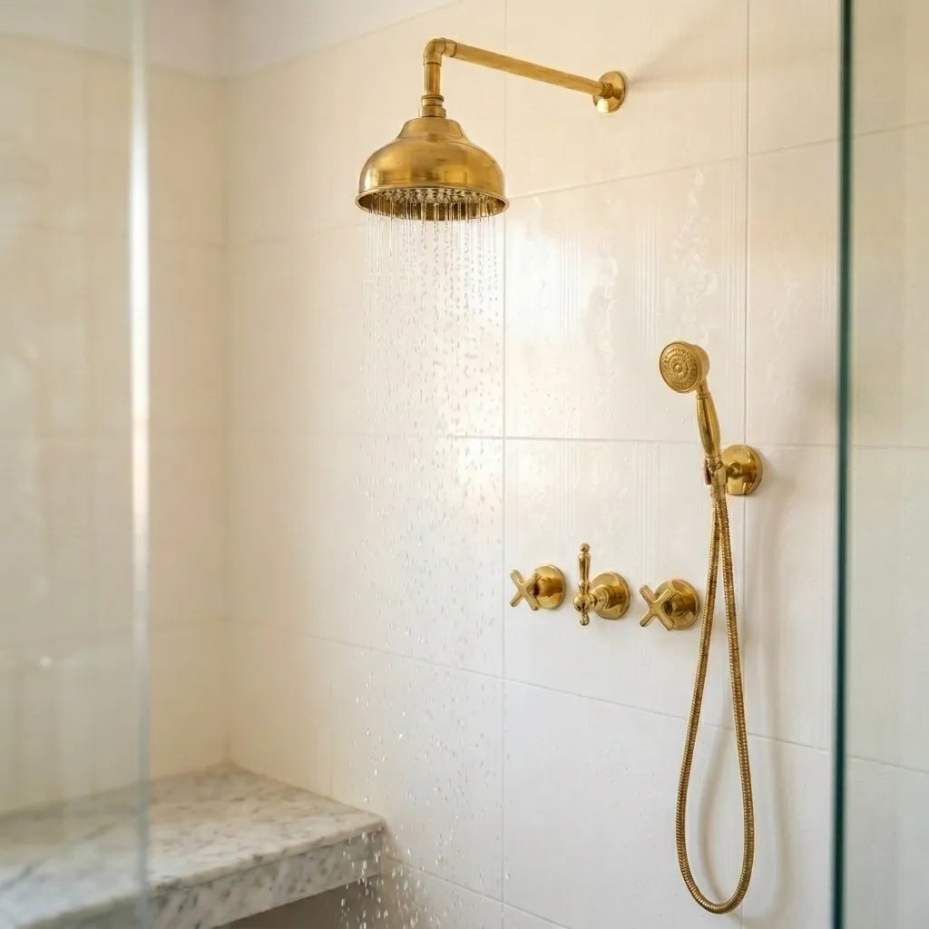 Unlacquered brass wall shower system with domed rain shower head and handheld shower installed in a tiled walk-in shower.
