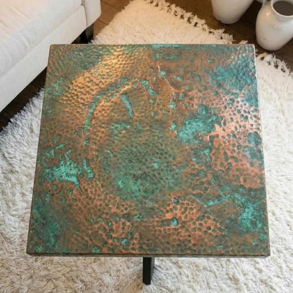 Handmade verdigris copper living room table with textured finish