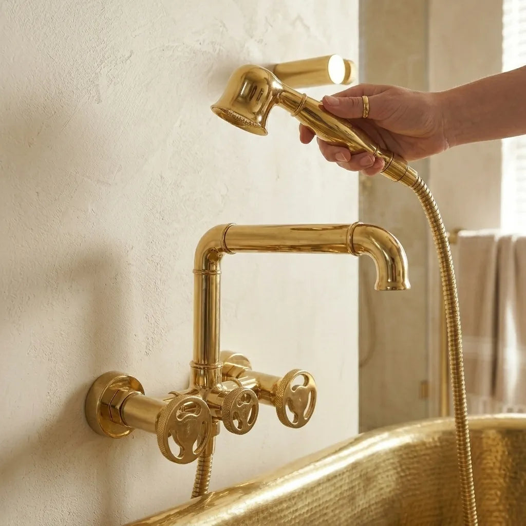A polished gold brass bathtub faucet set with a handheld shower head, mounted on a textured beige wall above a matching gold tub edge. A hand is shown holding the shower head.