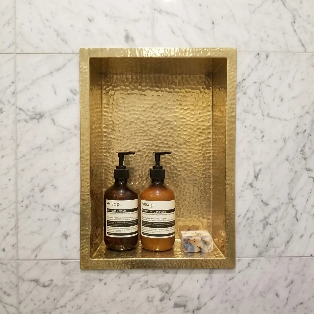 Hand Hammered Solid Brass Recessed Shower Niche for Built-In Storage