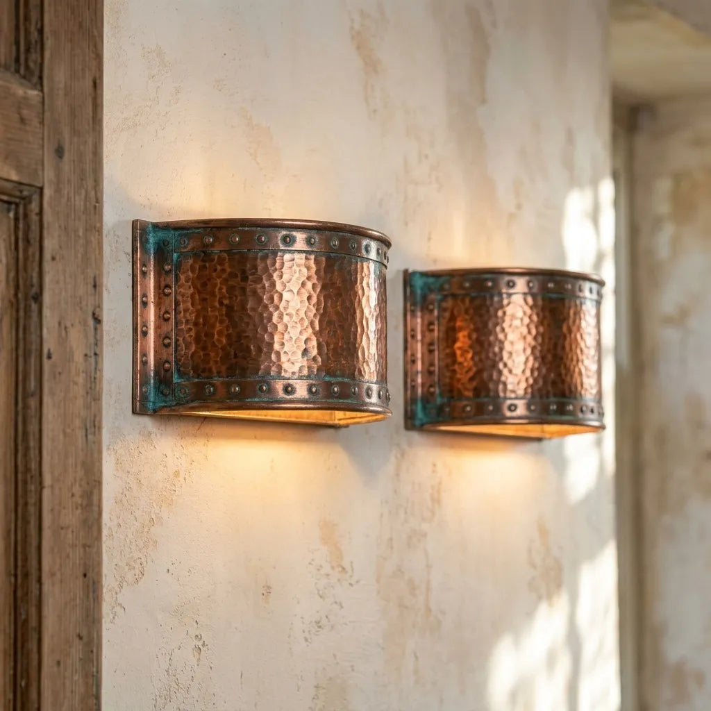 Artisan copper wall sconce with industrial riveted detailing and warm downward illumination.
