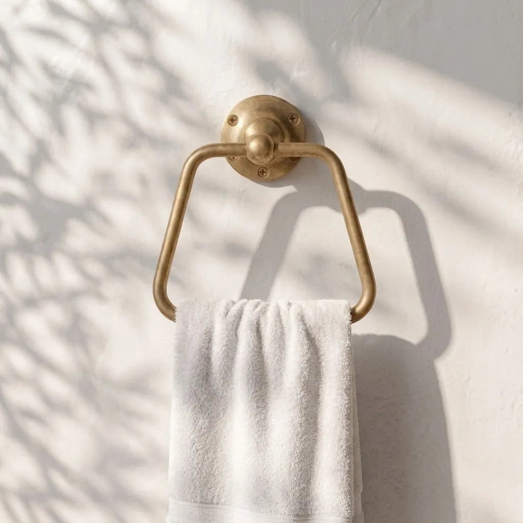 Geometric Brass Hand Towel Holder with Rounded Trapezoid Design