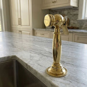 Unlacquered brass kitchen hand sprayer with trigger lever and deck holder