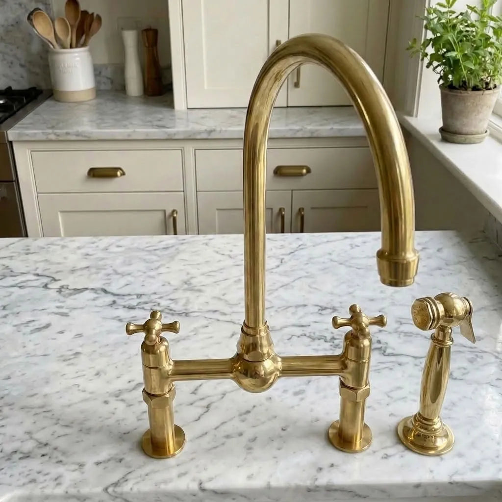 High-Arc Brass Bridge Kitchen Faucet with Cross Handles