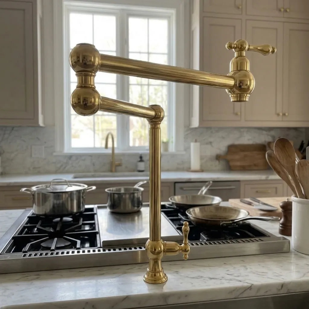A polished brass high-arc kitchen faucet with a cross-handle, mounted on a marble countertop in a modern kitchen setting.