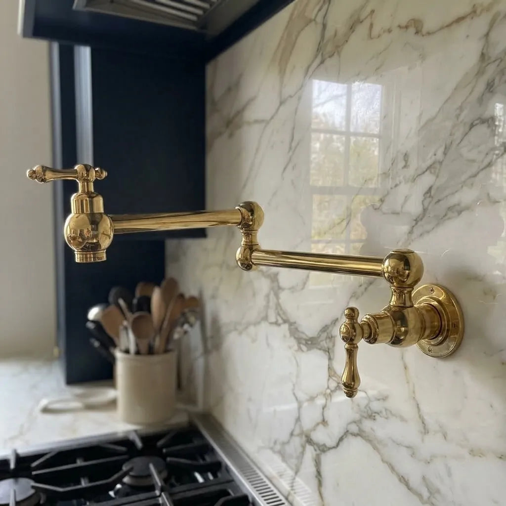 A polished brass wall-mounted kitchen faucet with an adjustable gooseneck spout and lever handles, installed on a white marble backsplash in a modern kitchen.