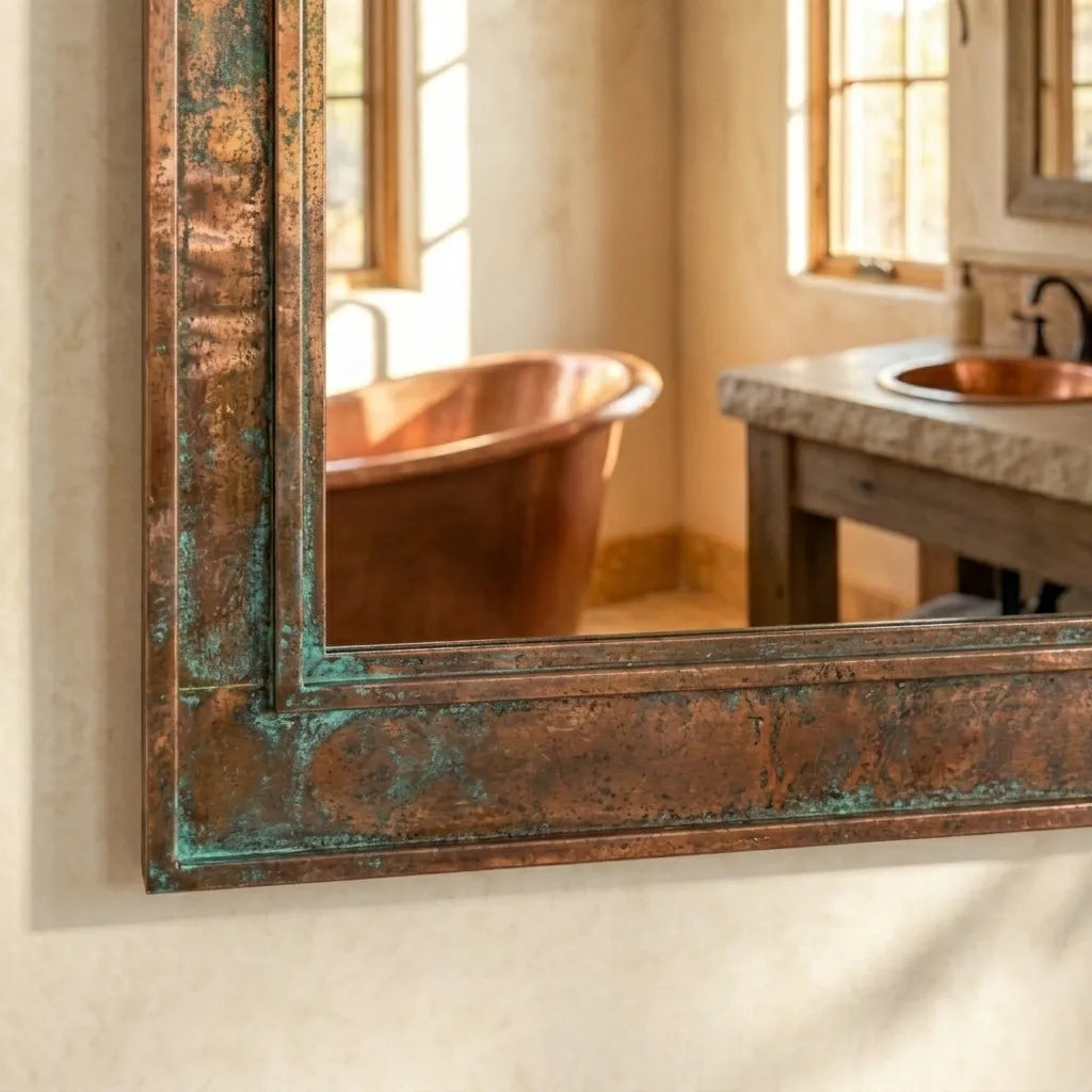 Rustic Copper Vanity Mirror with Distressed Verdigris Frame and Handcrafted Detail