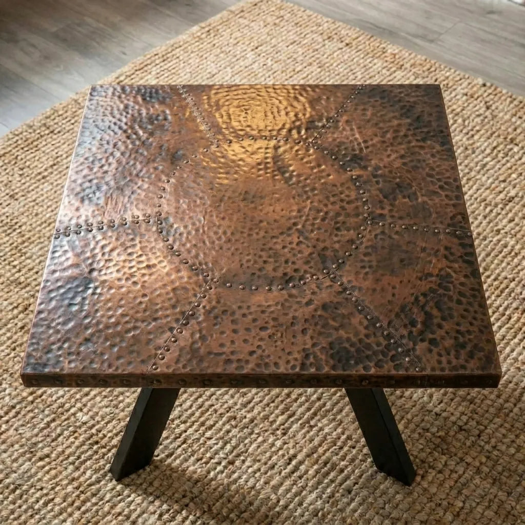 Hammered Copper Coffee Table with Geometric Rivet Pattern and Rustic Metal Finish