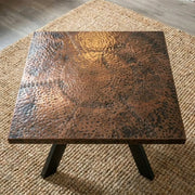 Hammered Copper Coffee Table with Geometric Rivet Pattern and Rustic Metal Finish