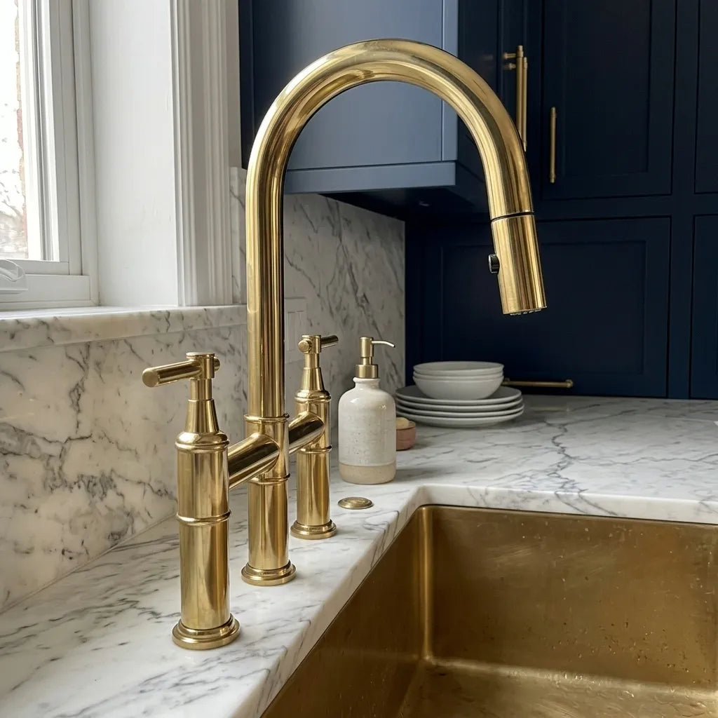 A polished brass bridge faucet with a high-arc spout and two separate handles, installed on a white marble kitchen countertop next to a matching brass sink.