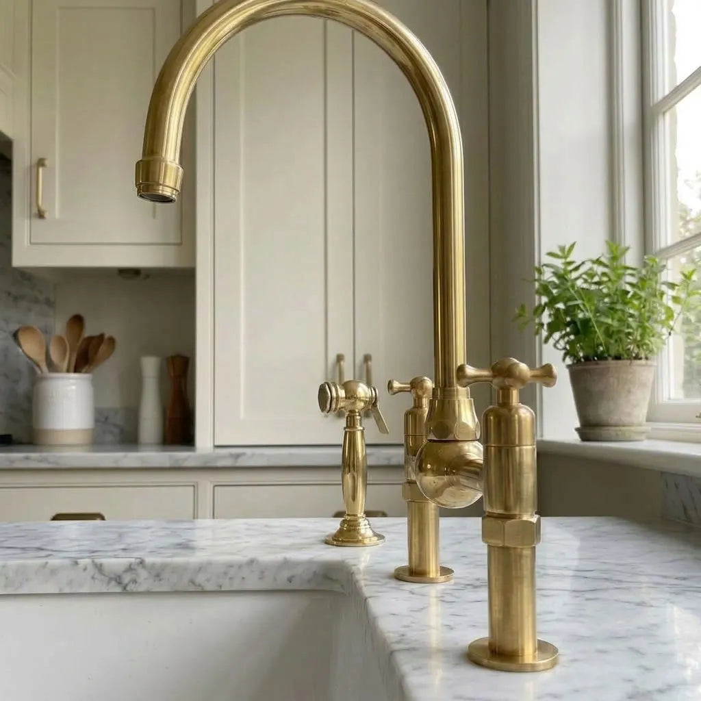 High-Arc Brass Bridge Kitchen Faucet with Cross Handles