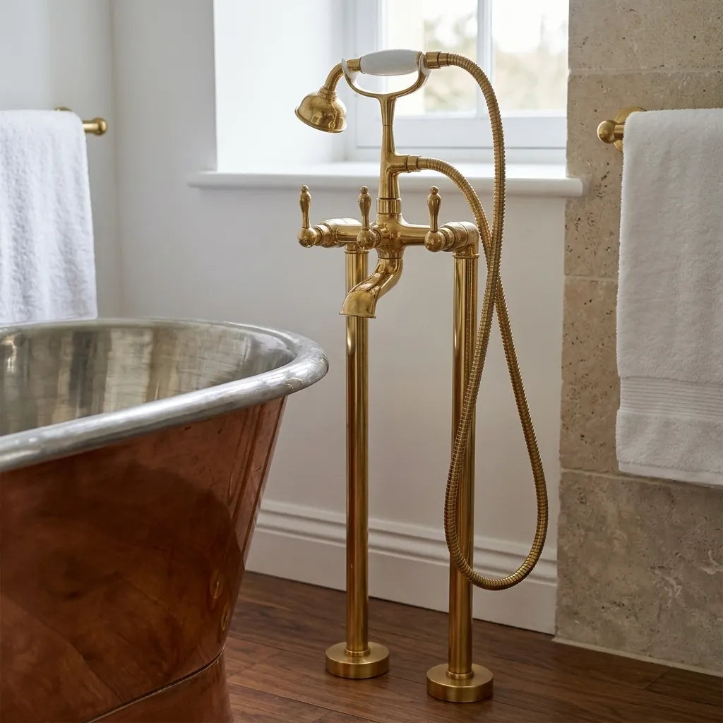 An antique-style brass freestanding bathtub faucet with a handheld shower head and hose, shown beside a copper freestanding tub in a bathroom setting with towels and a window.
