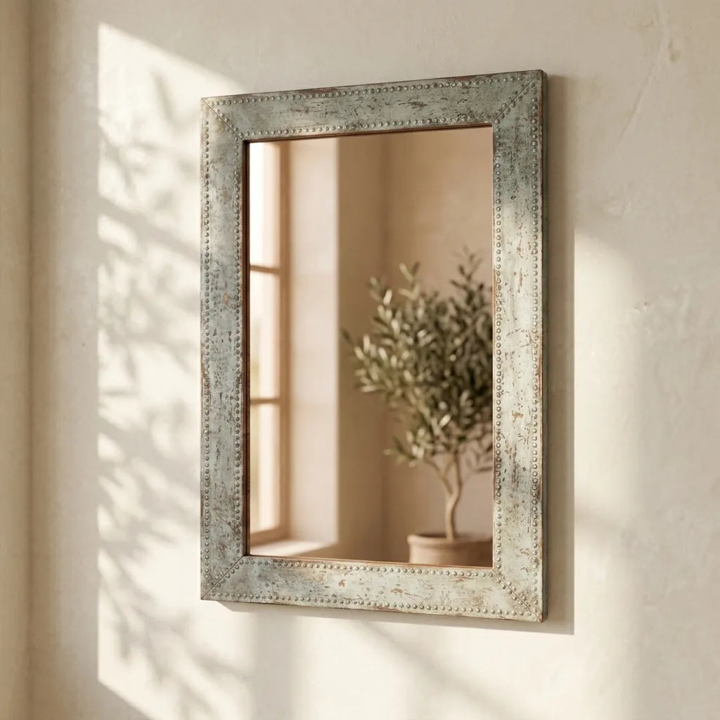 Vintage Tin Framed Wall Mirror with Distressed Silver Finish and Decorative Rivet Detailing